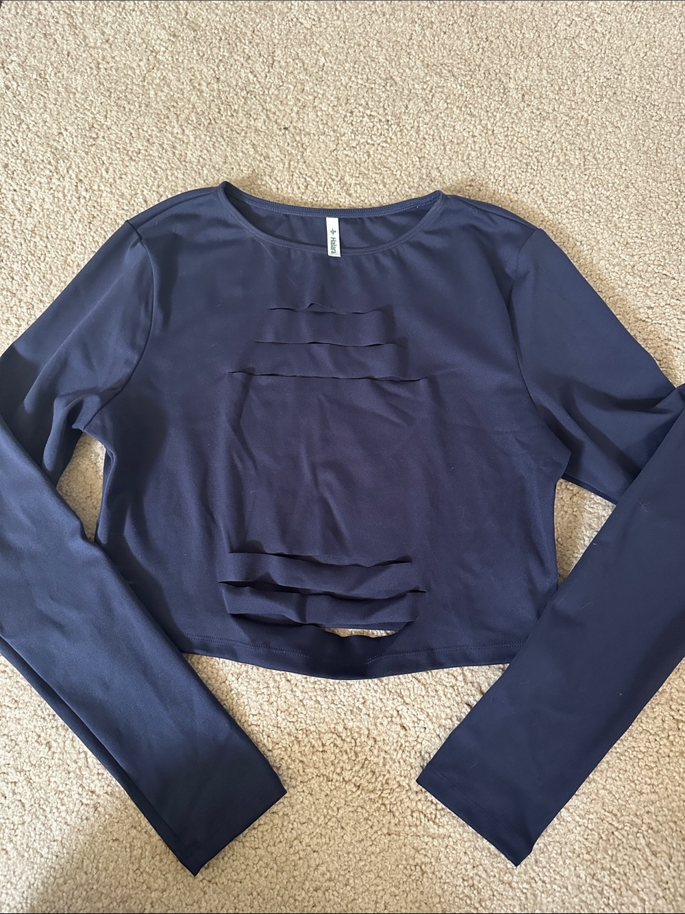HALARA Navy Cropped Long-Sleeve Top with Front Slit Details